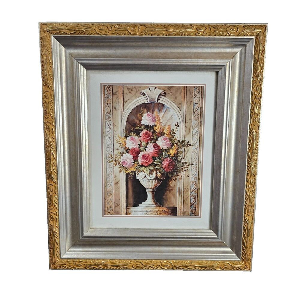 T.C. Chiu "STILL LIFE" Wood Framed Art Green & Gold Floral Pedal Vase Vintage